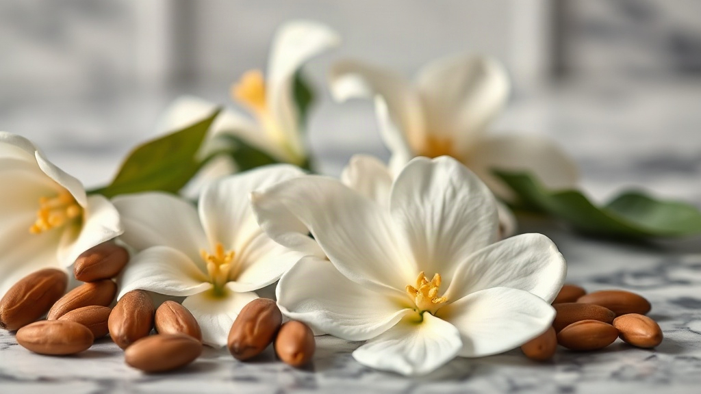 Close-up macro photograph of fresh jasmine flowers, tuberose blossoms, and tonka beans arranged on a polished marble sur