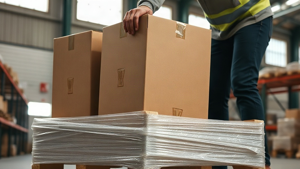 warehouse worker's hand stacking cardboard shipping boxes on a wooden pallet, wrapped in stretch film, industrial l