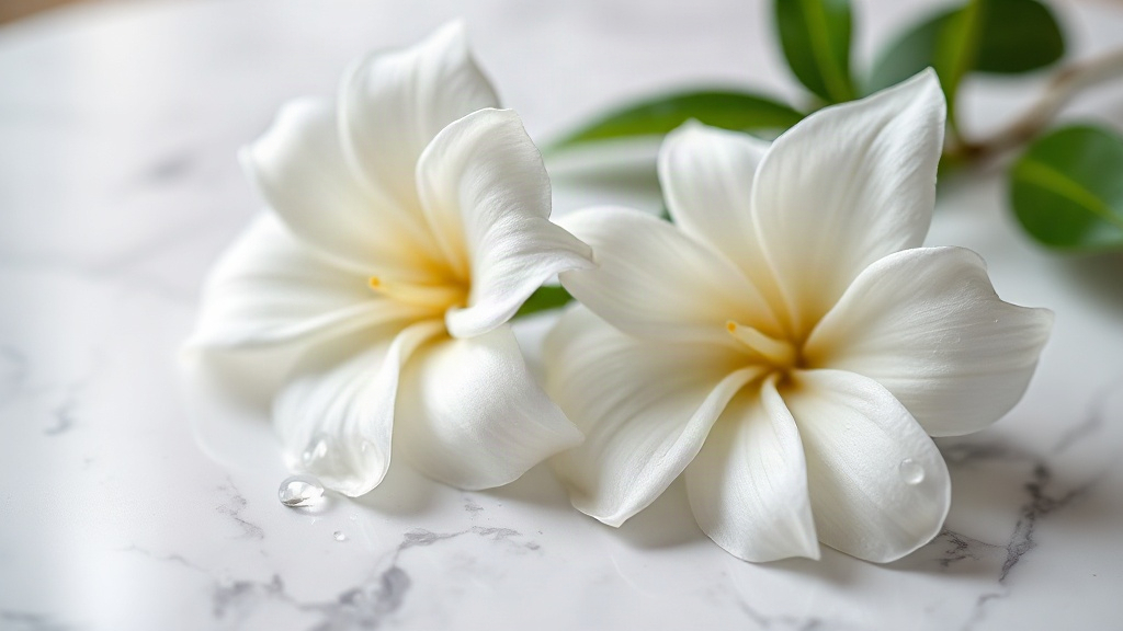 close-up macro photograph of fresh white gardenia and jasmine sambac flowers with dew drops resting on a polished white