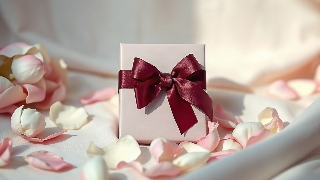elegant perfume gift carton box wrapped with a satin ribbon, surrounded by loose gardenia and jasmine petals on a soft f