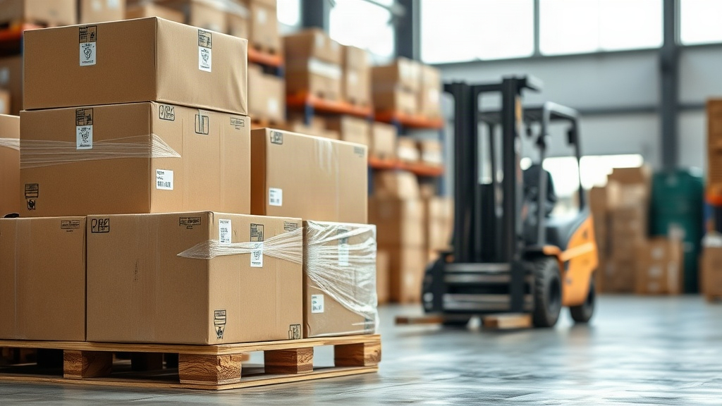 warehouse scene with stacked cardboard shipping boxes on wooden pallets, a shrink-wrapped pallet ready for export, forkl