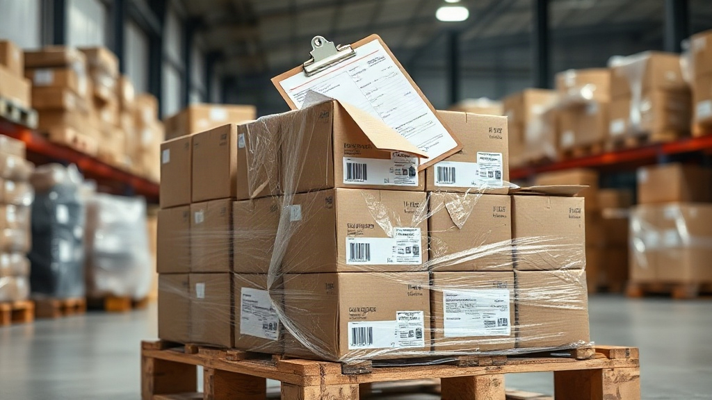 stacked closed perfume secondary packaging boxes on a wooden pallet inside a shipping warehouse, shrink wrap partially v