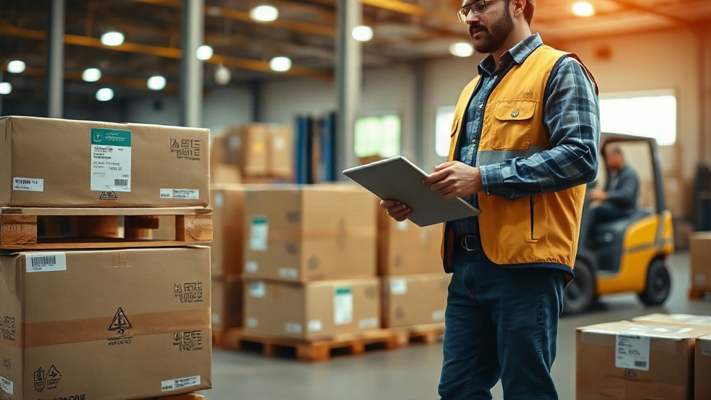 warehouse interior with wooden pallets stacked with sealed cardboard shipping cartons, a worker's hands checking a 