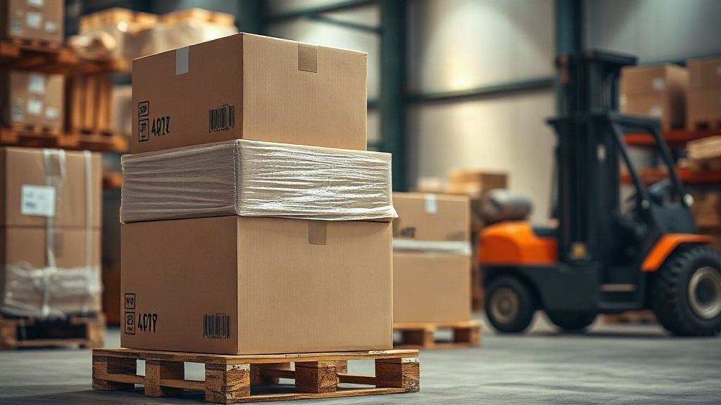 a warehouse scene with stacked cardboard shipping boxes on wooden pallets, a shrink-wrapped pallet ready for freight, fo