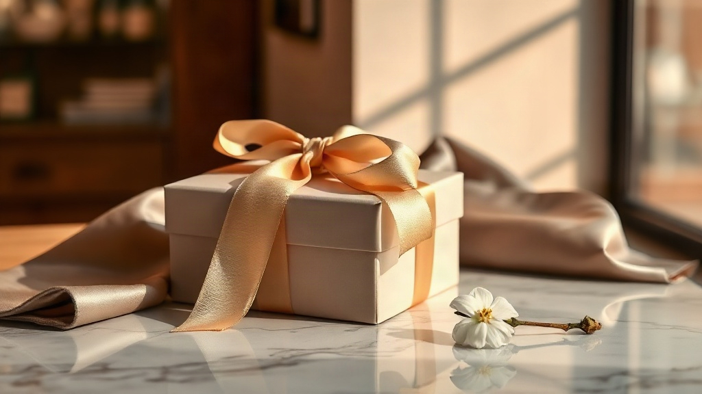 elegant luxury gift box wrapped in satin ribbon resting on a polished marble counter beside a folded silk fabric swatch 