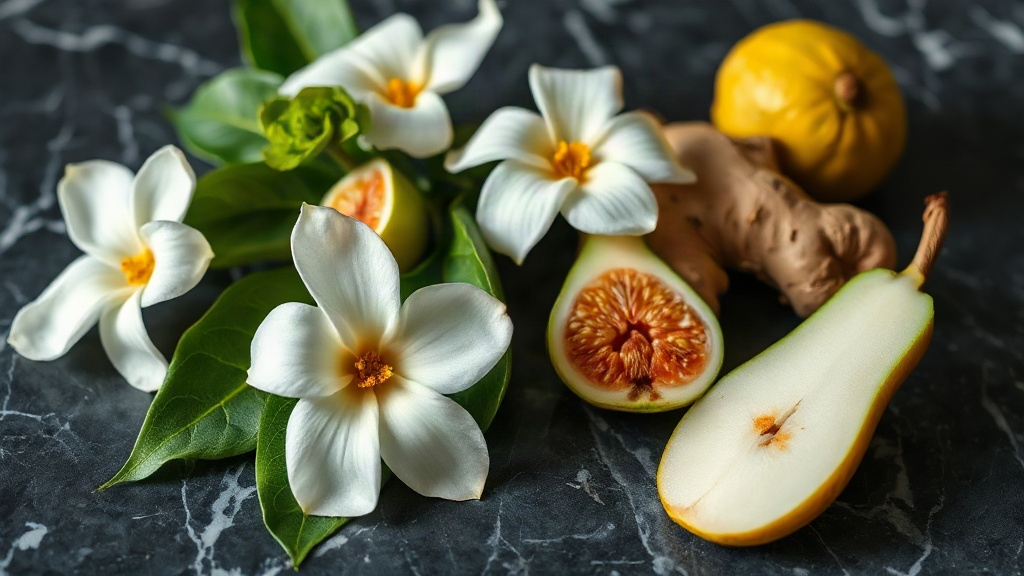 close-up of tropical white flowers, green fig leaves, ginger root and sliced pear arranged on a dark marble surface with