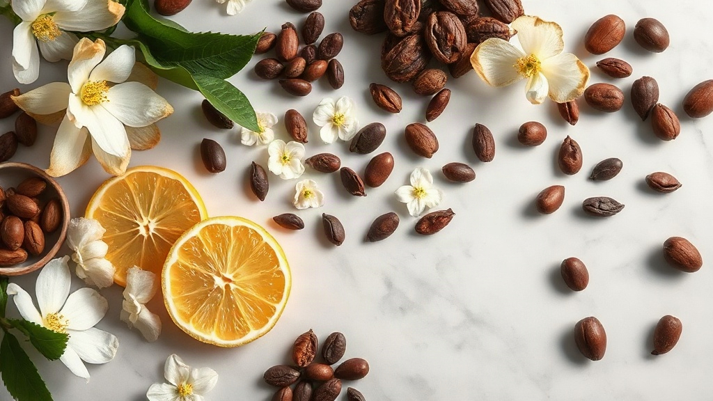 overhead flat lay of raw perfumery ingredients on a marble surface, bergamot slices, jasmine and tuberose blossoms, caca