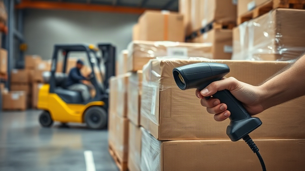 warehouse logistics scene with wrapped wooden pallets of sealed brown cardboard shipping boxes, a hand-held barcode scan