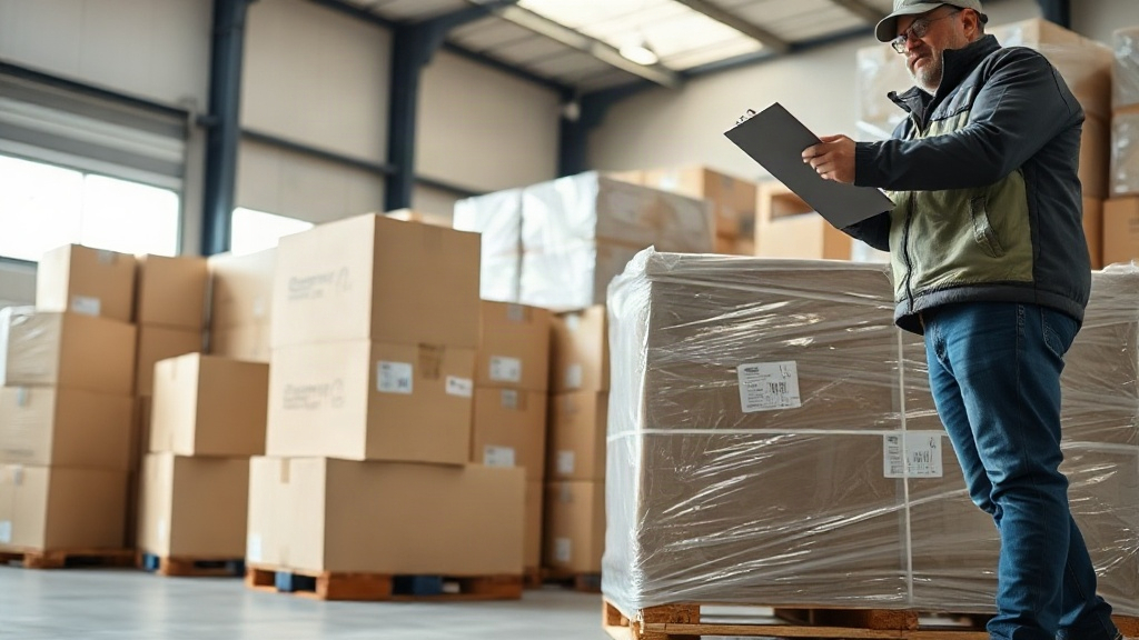 warehouse interior with stacked cardboard shipping boxes on wooden pallets, a worker's hand checking a delivery wit