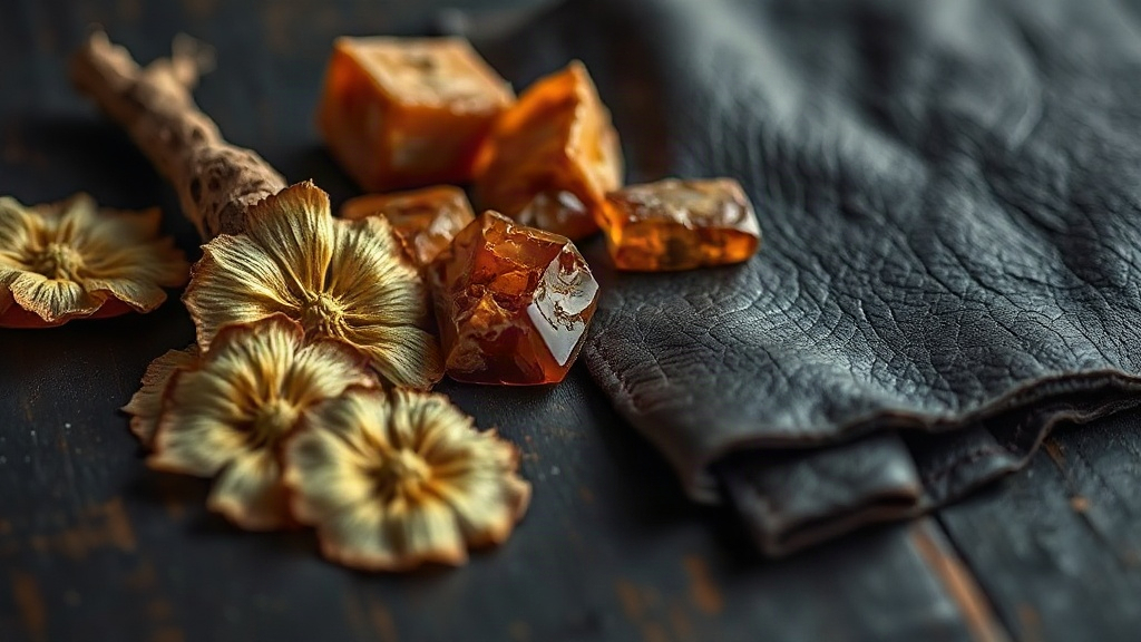close-up studio shot of raw perfumery materials for a leather-amber-iris composition: dried iris root slices, amber resi