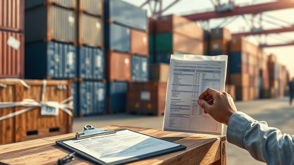International logistics scene at a port, stacked cargo containers, a clipboard with customs clearance documents resting 