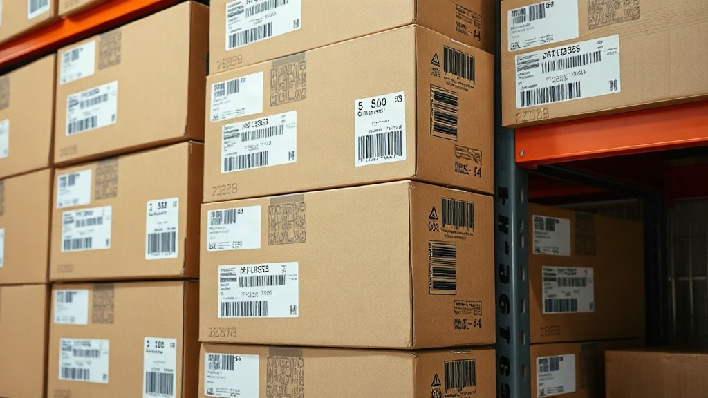 neatly stacked sealed cardboard shipping cartons with printed barcode labels and batch code stickers on a warehouse shel