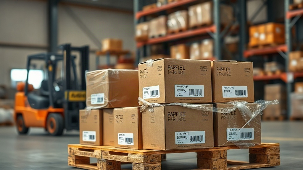 Warehouse scene with stacked branded perfume shipping cartons on a wooden pallet, shrink wrap around the boxes, barcode 