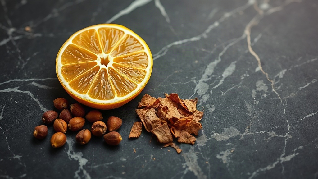 close-up still life of raw perfumery ingredients arranged on a dark veined marble surface, bergamot citrus slices, pink 