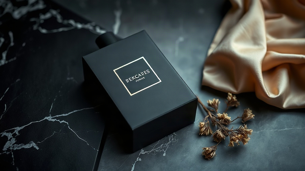 elegant black perfume packaging box placed on a polished dark marble surface next to a folded silk fabric swatch and a s