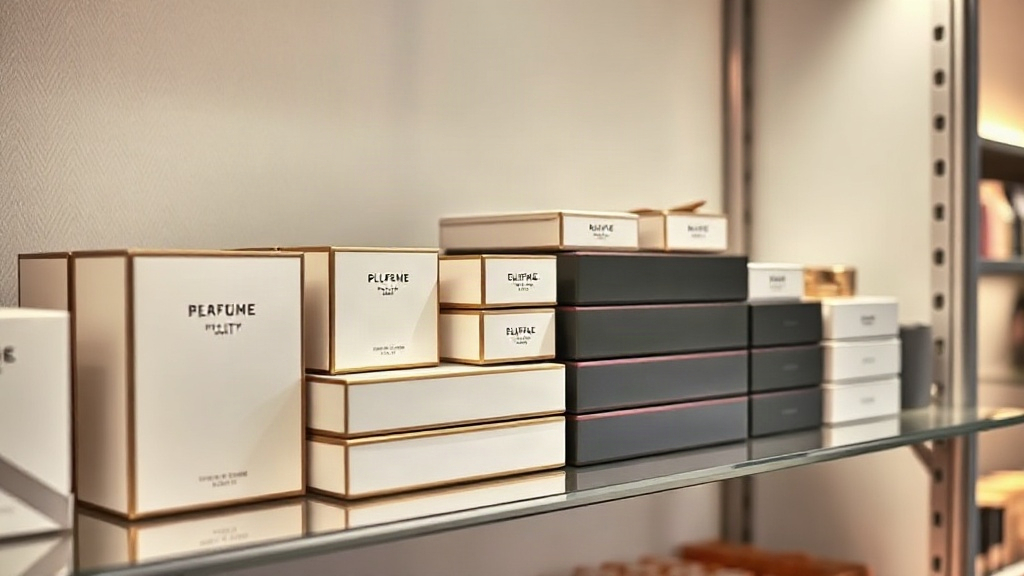 elegant closed perfume gift boxes and packaging stacked neatly on a minimalist retail display shelf, soft studio lightin