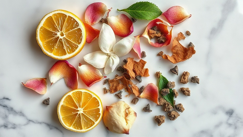 overhead flat lay of perfume raw materials on a marble surface, bergamot slices, jasmine petals, cedar wood shavings and