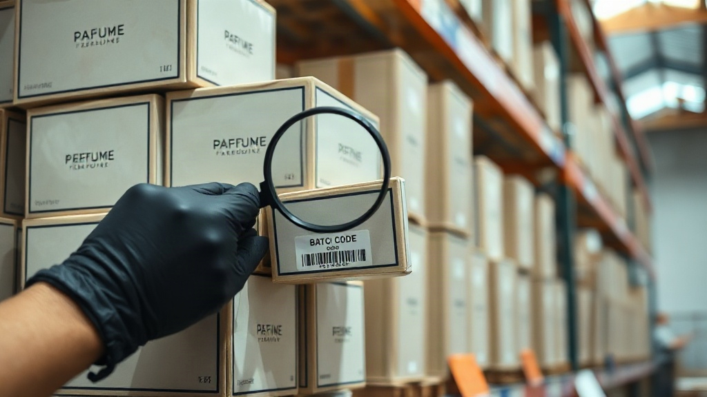 stack of closed branded perfume outer boxes on a warehouse shelf, a hand in a glove inspecting a batch code sticker on o