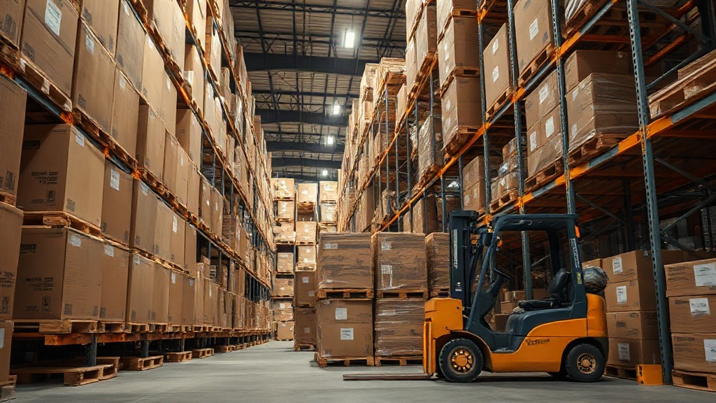 warehouse interior with tall shelving stacked with wooden pallets and sealed cardboard shipping boxes labeled for export