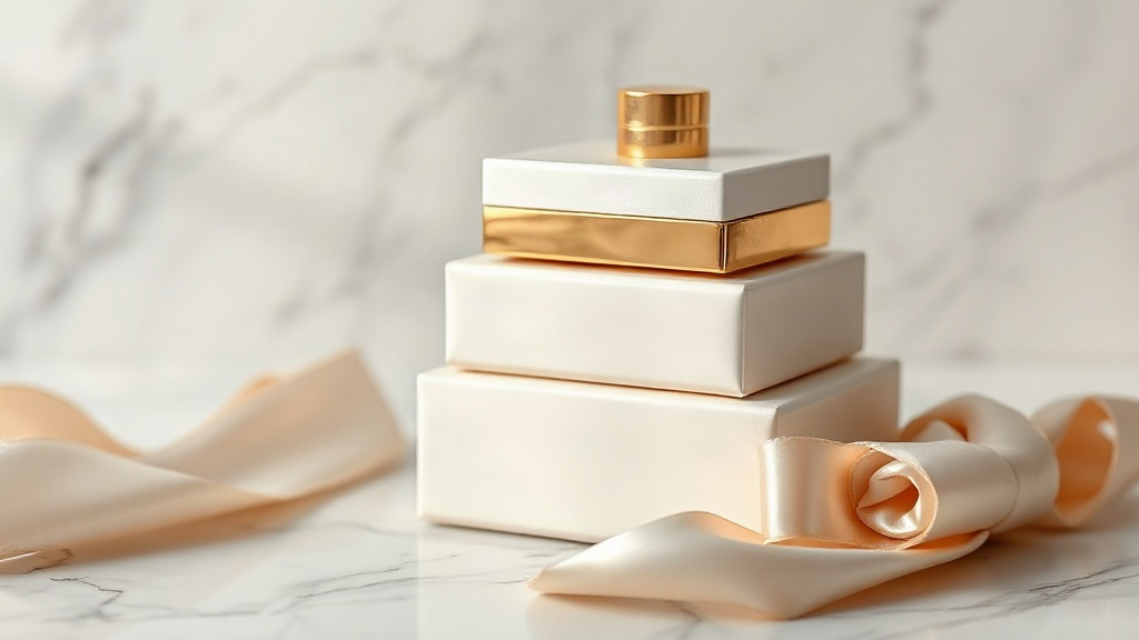 elegant ivory and gold perfume packaging boxes stacked neatly on a white marble surface, a folded silk ribbon beside the