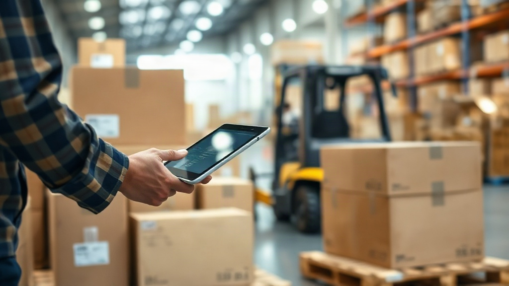 warehouse interior with stacked cardboard shipping boxes on wooden pallets, a worker's hand holding a tablet checki
