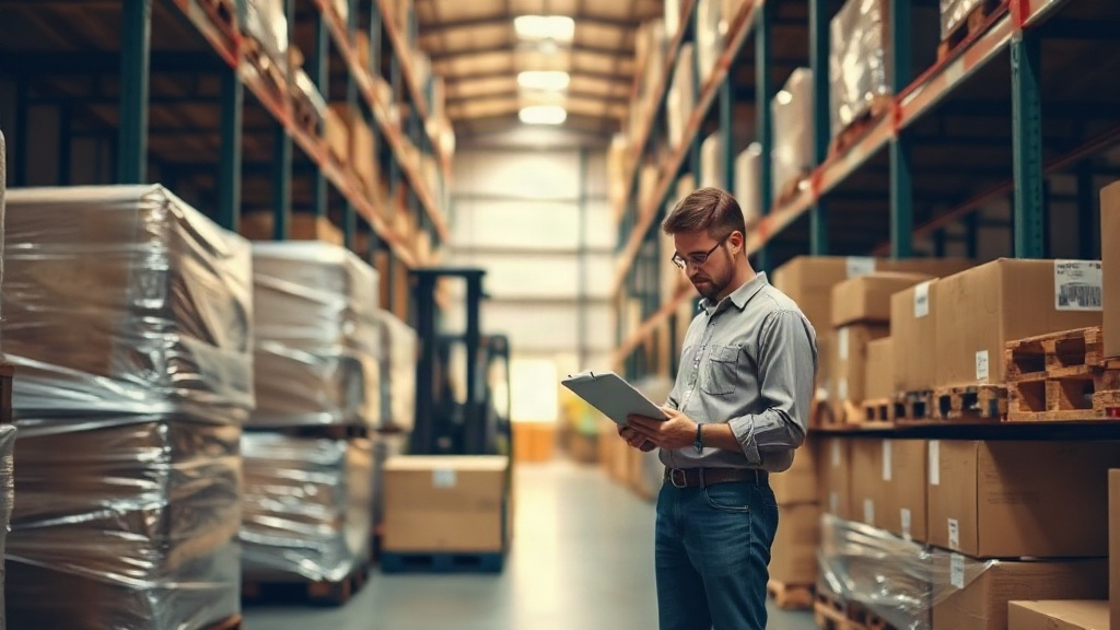 warehouse interior with wrapped pallets and sealed cardboard shipping boxes stacked on industrial shelving, a forklift i