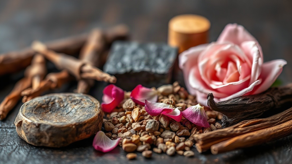 close-up still life of raw perfumery ingredients for an oud fragrance — chunks of dark agarwood (oud) resin, fresh pink 