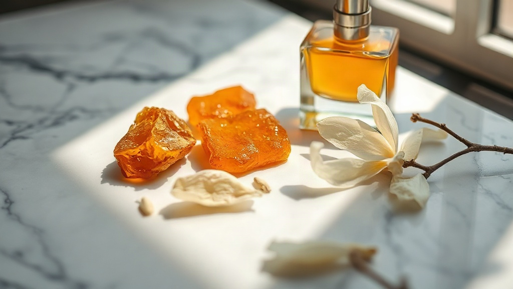 close-up still life of raw perfume ingredients on a white marble surface, amber resin chunks, dried bergamot peel, fresh