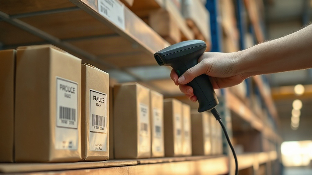 a hand inspecting a stack of sealed perfume carton boxes on a warehouse shelf, checking a barcode label with a handheld