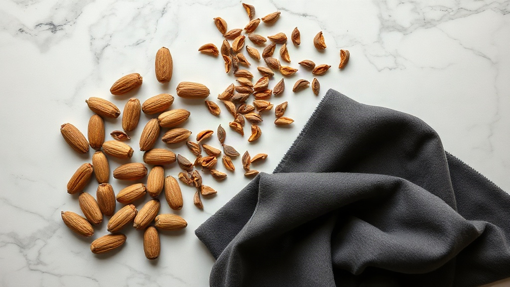 overhead flat-lay of cardamom pods, tonka beans, cedar wood shavings and a piece of dark cashmere-like fabric arranged o