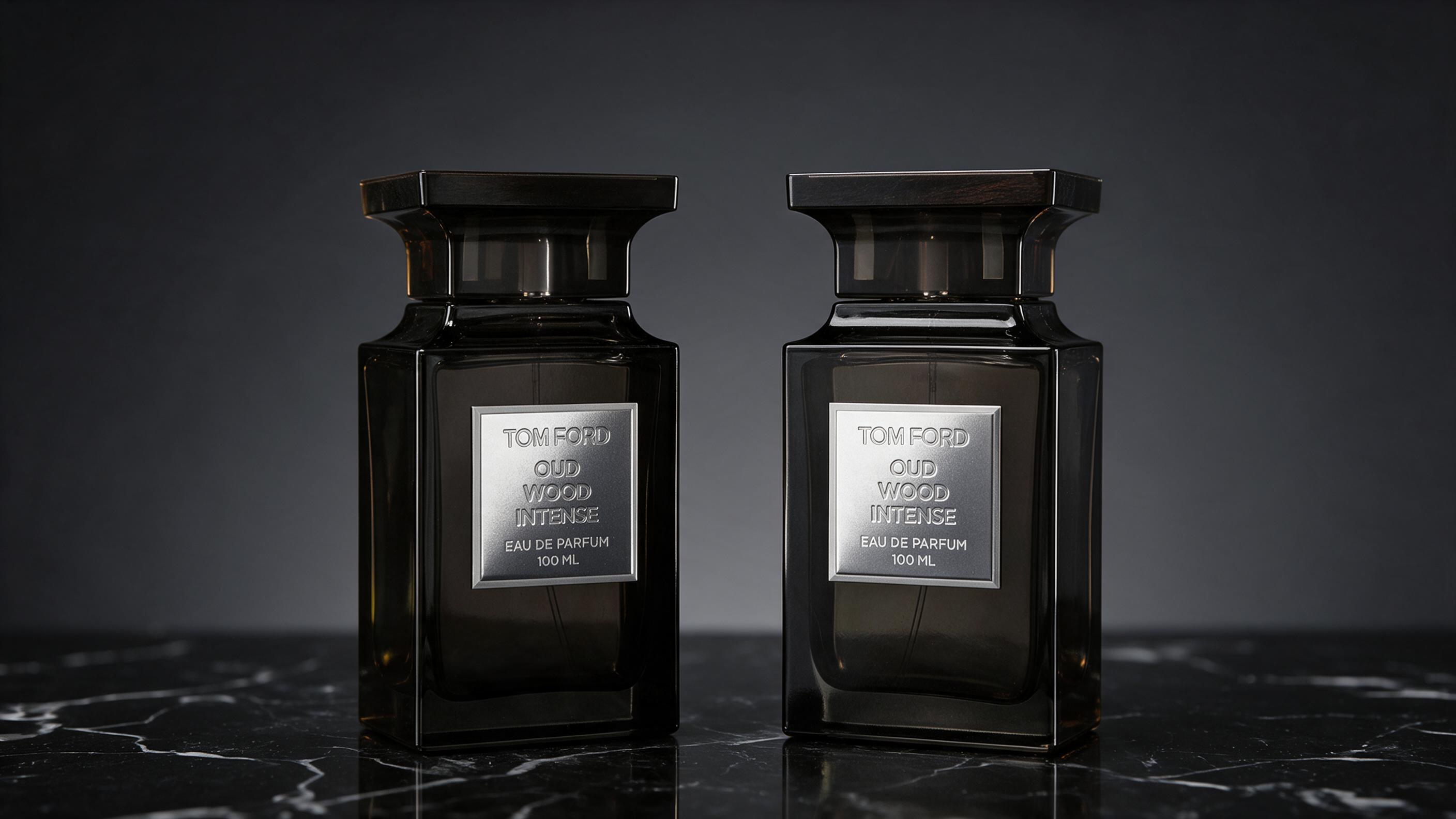 professional e-commerce product photography of two Tom Ford Oud Wood perfume bottles, rectangular glass bottles with dar