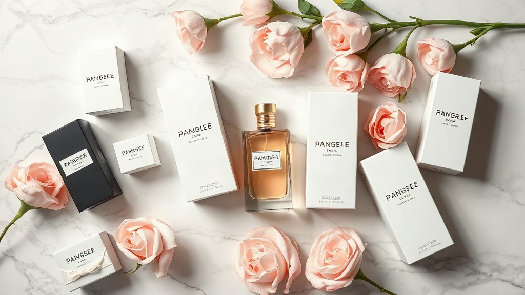 elegant flat lay of designer perfume packaging boxes arranged on a marble surface with soft pink and white flowers, one 