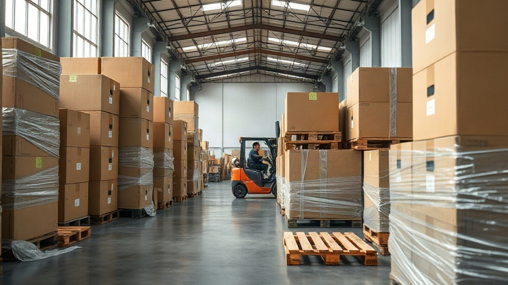 warehouse interior with stacked cardboard shipping boxes and wooden pallets wrapped in protective film, forklift pathway