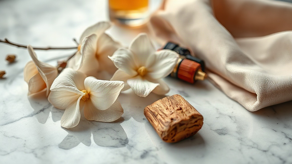 close-up still life on a marble surface showing raw perfumery ingredients, fresh jasmine flowers, bergamot peel, a small