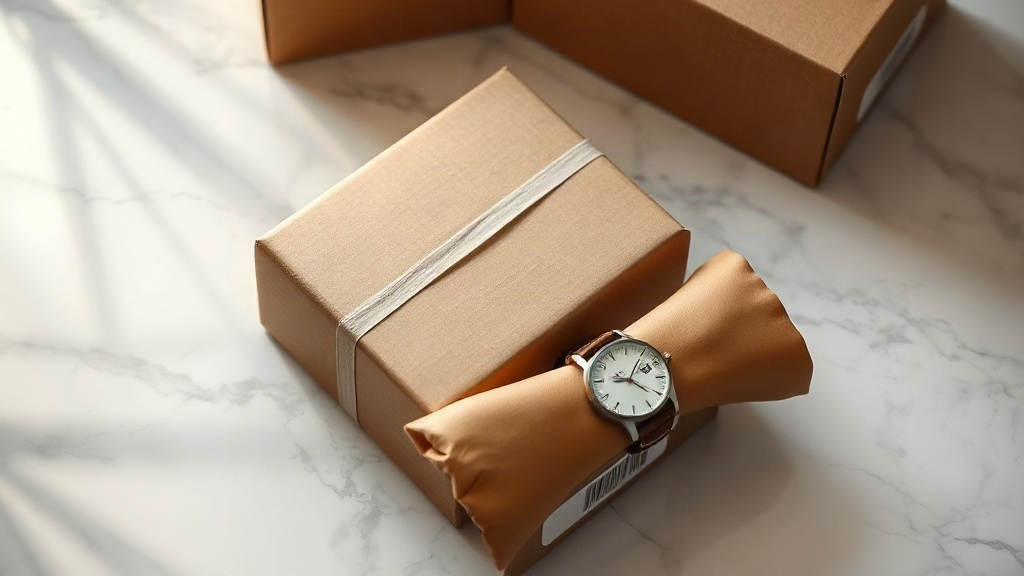 elegant polished marble surface with a sealed cardboard shipping box, packing paper, and a wrist wearing a leather strap