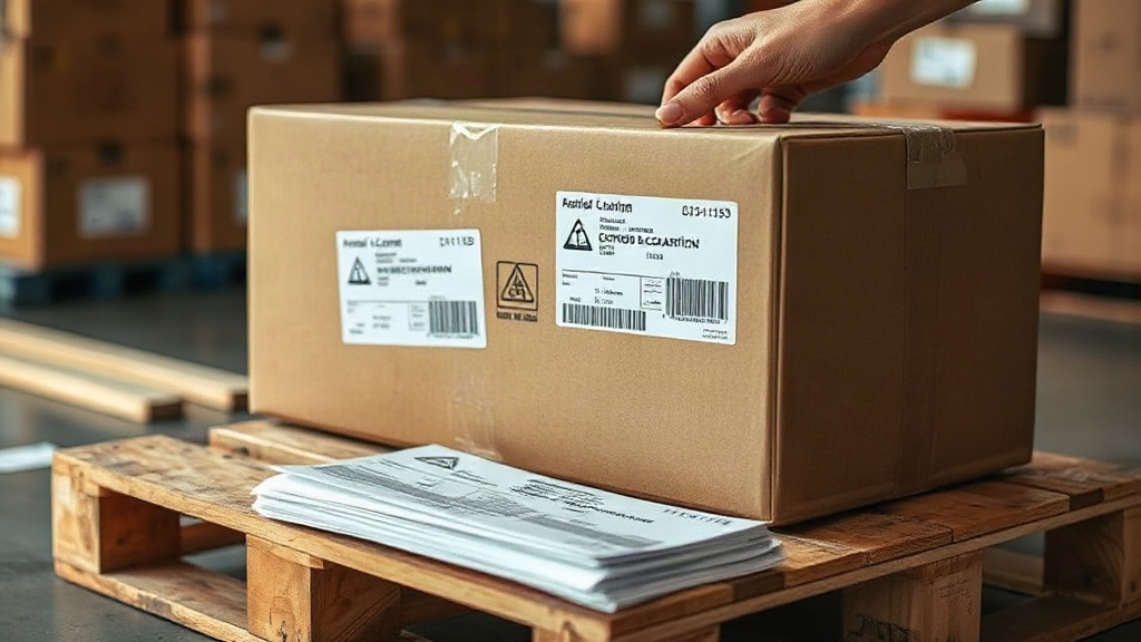 a hand placing a shipping label on a sealed cardboard export carton next to a stack of customs declaration documents res