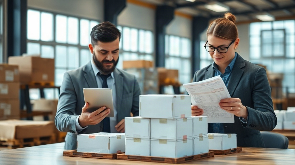 two business professionals in a warehouse office inspecting a shipment of sealed perfume boxes on a table, one holding a