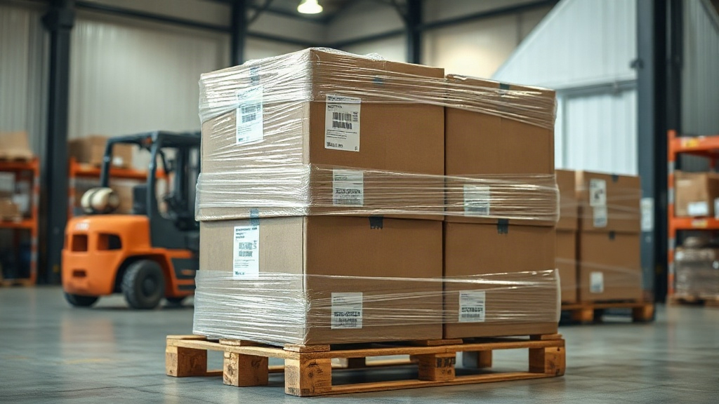 stacked sealed cardboard shipping cartons wrapped in clear stretch film on a wooden pallet inside an export warehouse, s