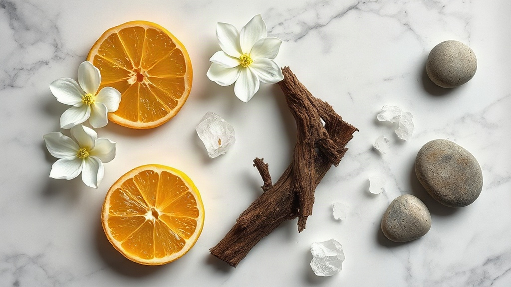 overhead flat lay of raw perfumery ingredients on a polished marble surface, fresh bergamot citrus fruits sliced open, w