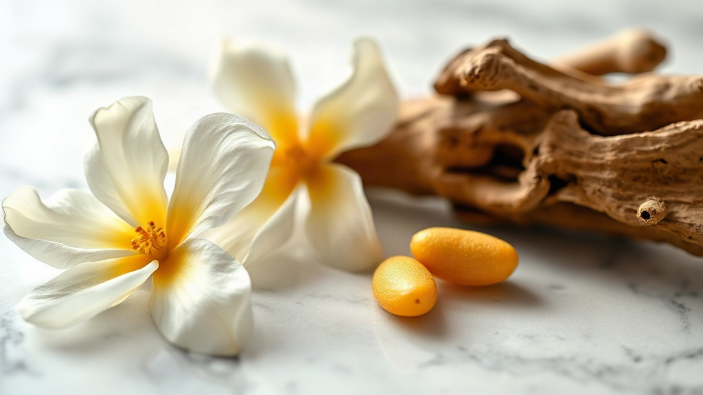 close-up of fresh jasmine flowers, bergamot fruit and a piece of oud wood arranged on a polished marble surface, soft na