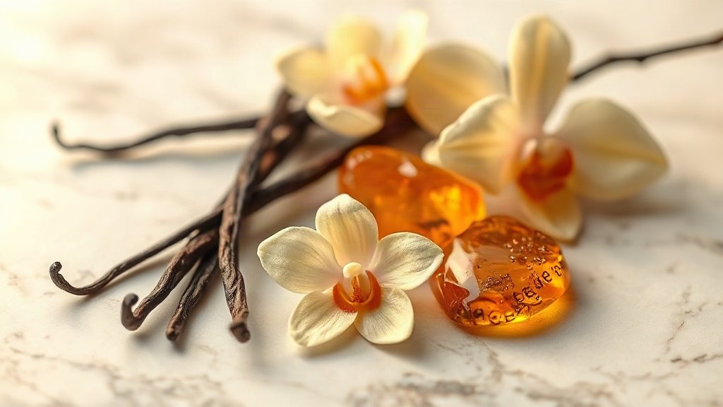 vanilla pods, orchid flowers, and amber resin arranged on a marble surface, soft diffused studio lighting, warm golden t