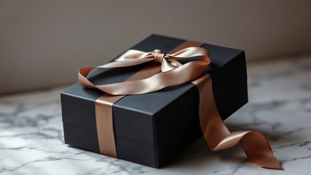 elegant dark perfume gift box with a satin ribbon, placed on a polished marble surface, soft studio lighting, minimalist