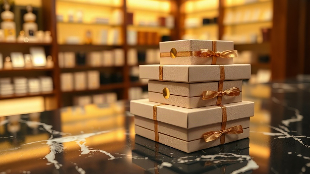 neatly stacked sealed perfume gift boxes on a dark marble retail counter, warm boutique lighting, elegant packaging with