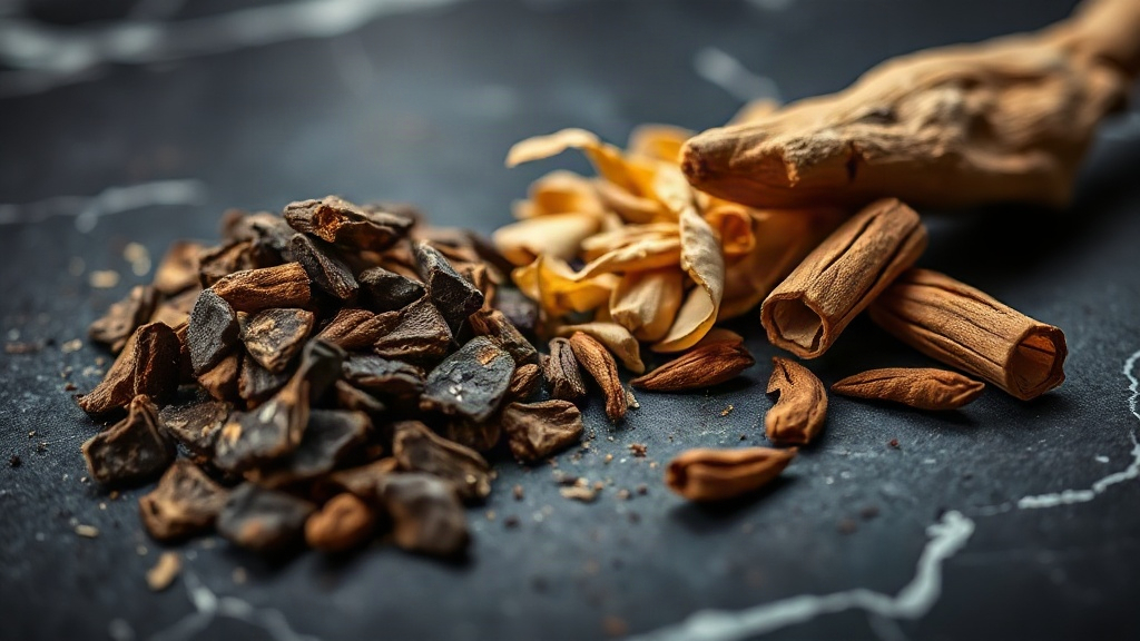 macro photograph of raw oud wood chips and resin next to dried sandalwood shavings and cardamom pods on a dark marble su