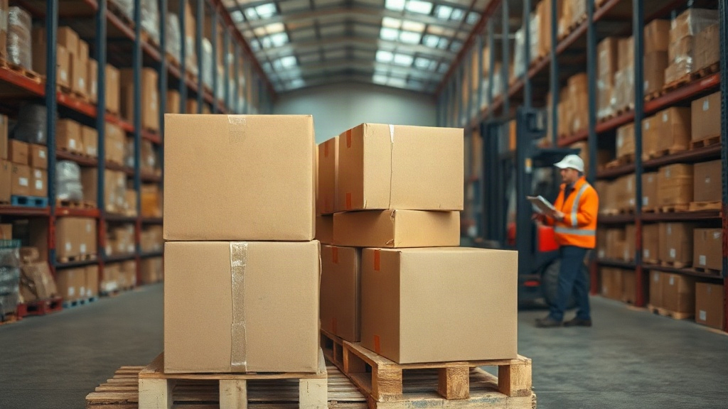 organized wholesale warehouse interior with stacked cardboard shipping boxes on wooden pallets, a forklift in the backgr