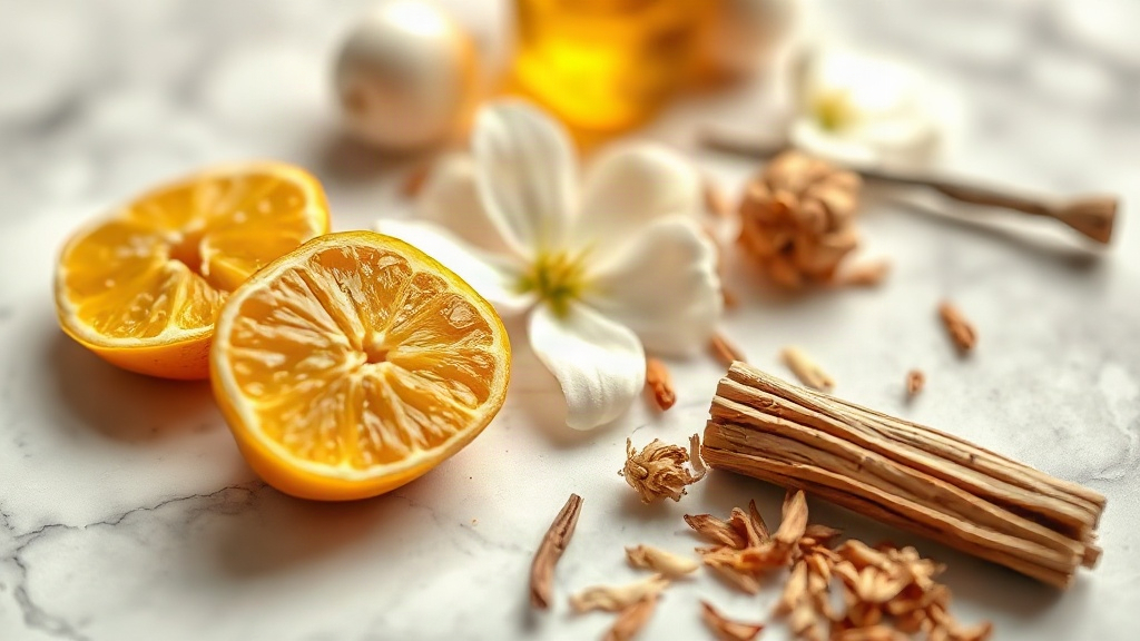 close-up still life of raw perfume ingredients on a white marble surface, fresh bergamot fruit halved, jasmine blossoms,