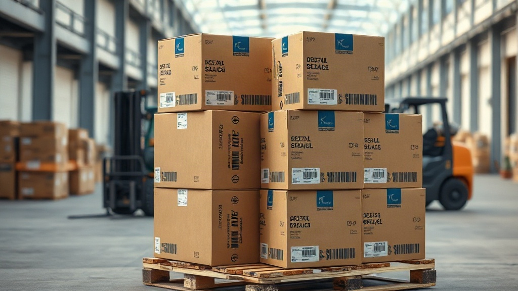 cargo shipping boxes stacked on a pallet at an international logistics warehouse dock, forklift visible in the backgroun