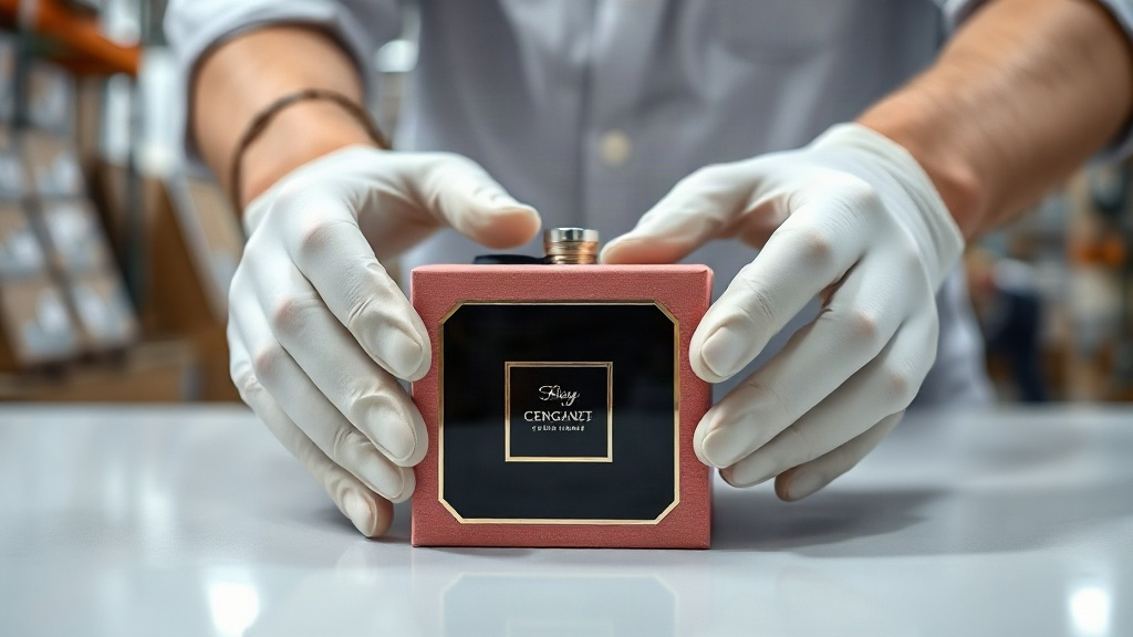 close-up of a worker's hands in white gloves carefully inspecting a sealed elegant perfume gift box on a clean work