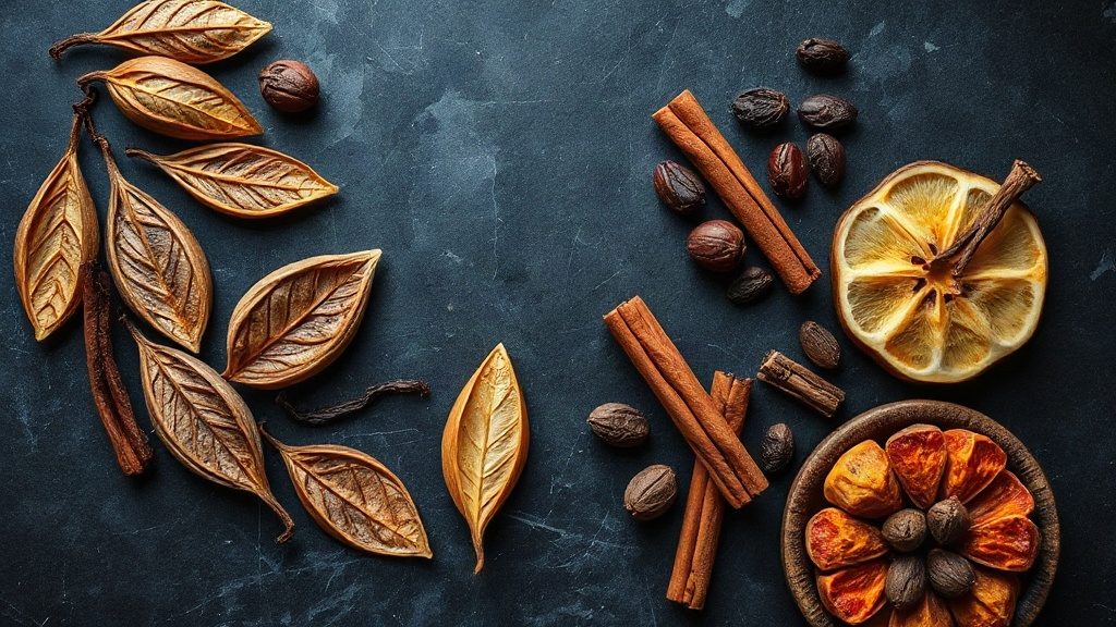 overhead flat lay on a dark marble surface of dried tobacco leaves, whole vanilla pods, cinnamon sticks, dried fruit and