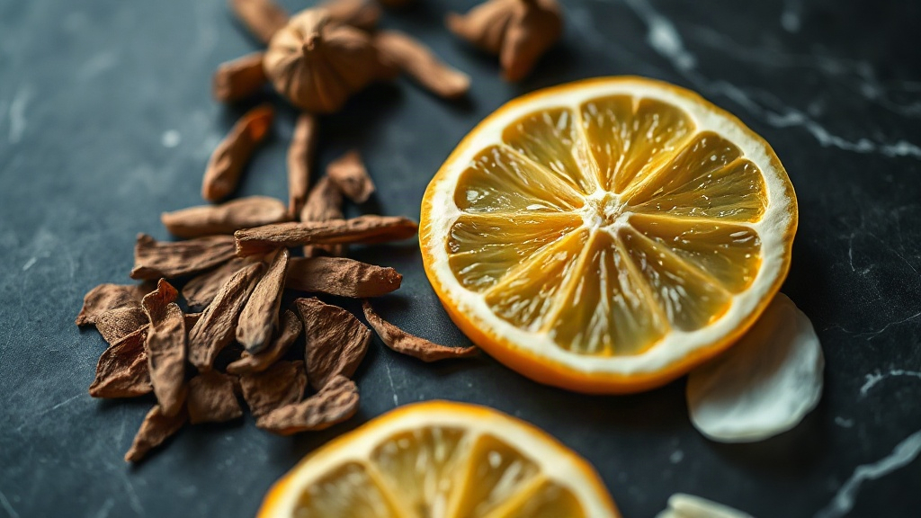 close-up macro photograph of raw perfumery ingredients arranged on a dark marble surface, bergamot citrus slices, fresh 